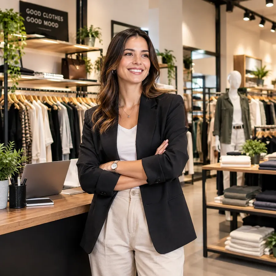 Dueña de una tienda de ropa en su negocio